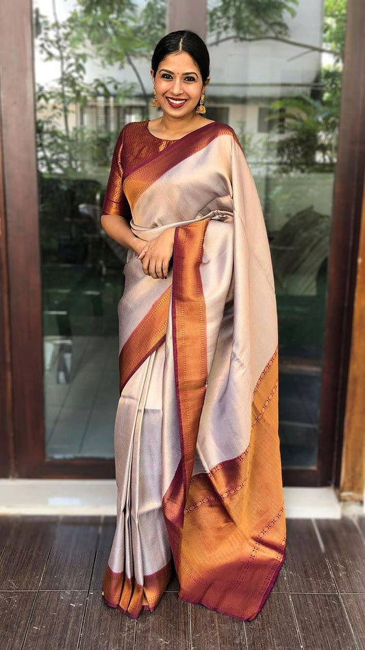 Cream Banarasi Soft Silk Saree with Copper Zari Border and Maroon Rich Pallu