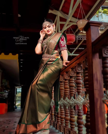 Olive Green Banarasi Soft Silk Saree with Copper Zari Border and Rich Traditional Weaving