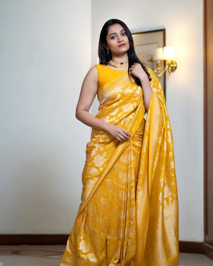 Mustard Yellow Banarasi Soft Silk Saree with Golden Zari Floral Weaving
