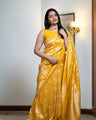 Mustard Yellow Banarasi Soft Silk Saree with Golden Zari Floral Weaving