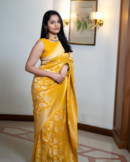 Mustard Yellow Banarasi Soft Silk Saree with Golden Zari Floral Weaving