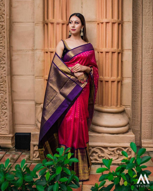 Magenta Banarasi Soft Silk Saree with Royal Purple Zari Border & Golden Butti Weaving