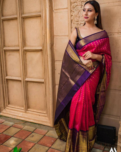 Magenta Banarasi Soft Silk Saree with Royal Purple Zari Border & Golden Butti Weaving