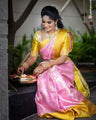 Baby Pink Banarasi Soft Silk Saree with Mustard Yellow Zari Border & Floral Weaving