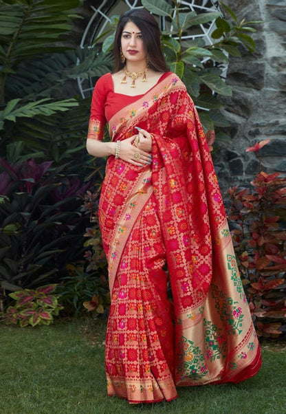 Red Banarasi Soft Silk Saree with Multicolor Meenakari Weaving and Rich Zari Pallu