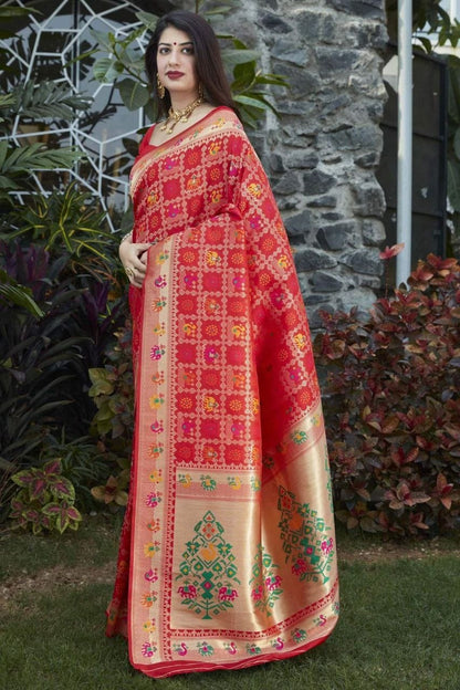 Red Banarasi Soft Silk Saree with Multicolor Meenakari Weaving and Rich Zari Pallu
