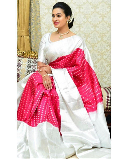 White and Pink Banarasi Soft Silk Saree with Contrast Pallu and Zari Butta Weaving