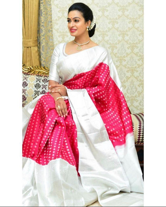 White and Pink Banarasi Soft Silk Saree with Contrast Pallu and Zari Butta Weaving