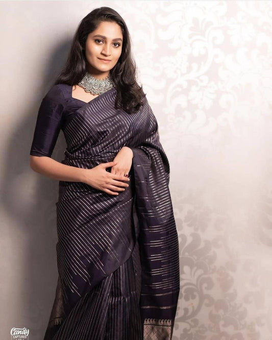 Charcoal Black Banarasi Soft Silk Saree with Silver Zari Line Weaving
