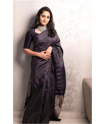 Charcoal Black Banarasi Soft Silk Saree with Silver Zari Line Weaving