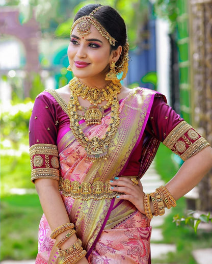 Bridal Pink Banarasi Soft Silk Saree with Gold Zari Weaving and Maroon Blouse Design
