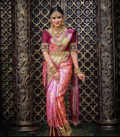 Bridal Pink Banarasi Soft Silk Saree with Gold Zari Weaving and Maroon Blouse Design