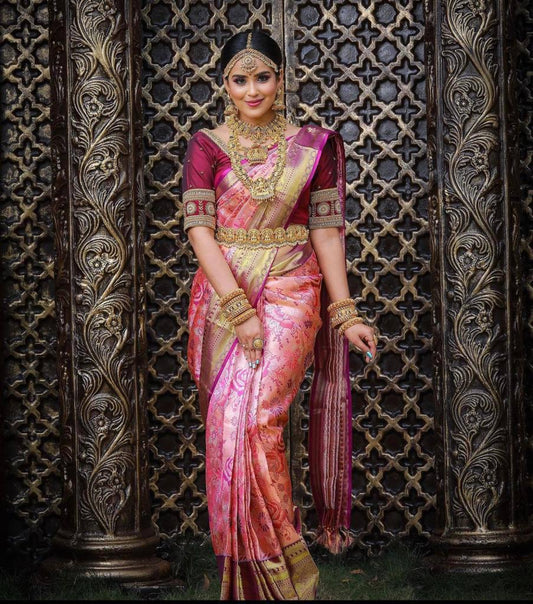 Bridal Pink Banarasi Soft Silk Saree with Gold Zari Weaving and Maroon Blouse Design