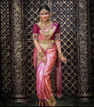 Bridal Pink Banarasi Soft Silk Saree with Gold Zari Weaving and Maroon Blouse Design