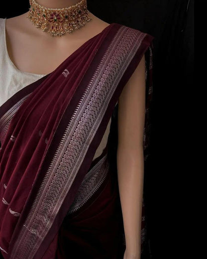 Maroon Banarasi Soft Silk Saree with Silver Zari Border and Butta Weaving