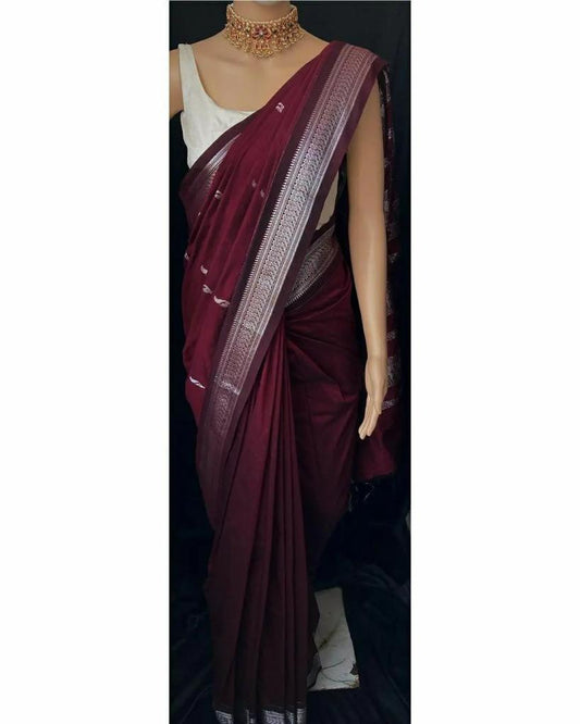 Maroon Banarasi Soft Silk Saree with Silver Zari Border and Butta Weaving