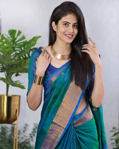 Dual Tone Blue-Green Banarasi Soft Silk Saree with Gold Zari Border