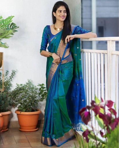 Dual Tone Blue-Green Banarasi Soft Silk Saree with Gold Zari Border