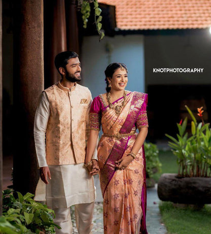 Peach–Pink Banarasi Soft Silk Saree with Rich Gold Zari Weaving & Magenta Blouse