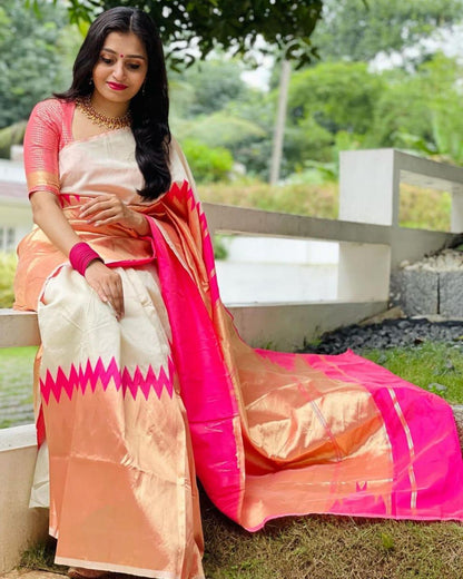 Ivory–Peach Banarasi Soft Silk Saree with Bright Pink Zari Border