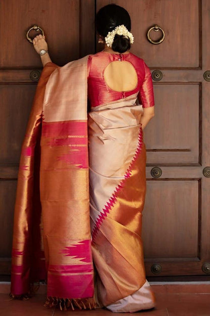 Ivory–Peach Banarasi Soft Silk Saree with Bright Pink Zari Border