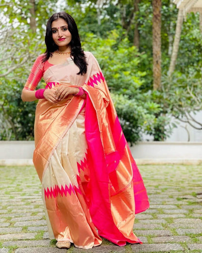 Ivory–Peach Banarasi Soft Silk Saree with Bright Pink Zari Border