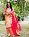 Ivory–Peach Banarasi Soft Silk Saree with Bright Pink Zari Border