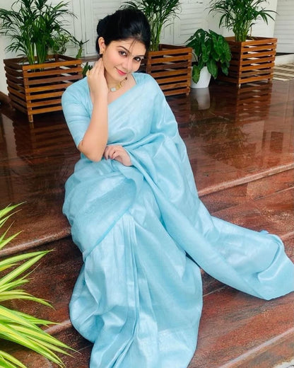 Pastel Sky Blue Banarasi Soft Silk Saree with Subtle Self-Weaving Design