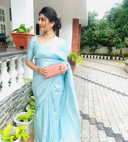Pastel Sky Blue Banarasi Soft Silk Saree with Subtle Self-Weaving Design