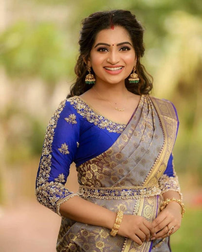 Grey Banarasi Soft Silk Saree with Royal Blue Blouse and Golden Zari Weaving