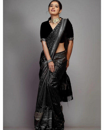 Black Banarasi Soft Silk Saree with Silver Zari Butta and Contrast Border