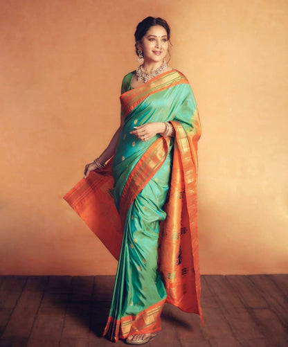 Sea Green Banarasi Soft Silk Saree with Vibrant Orange Border and Golden Zari Weaving