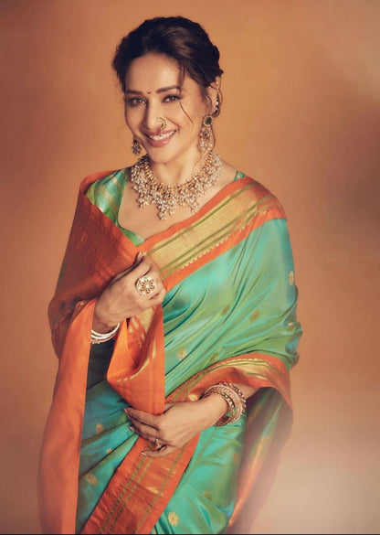 Sea Green Banarasi Soft Silk Saree with Vibrant Orange Border and Golden Zari Weaving