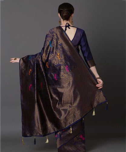 Navy Blue Banarasi Soft Silk Saree with Multicolor Zari Weaving and Floral Butta Design