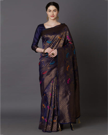 Navy Blue Banarasi Soft Silk Saree with Multicolor Zari Weaving and Floral Butta Design