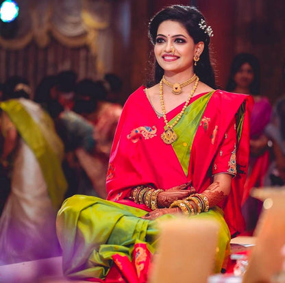 Rani Pink & Parrot Green Banarasi Silk Saree with Rich Zari Weaving and Paithani Pallu