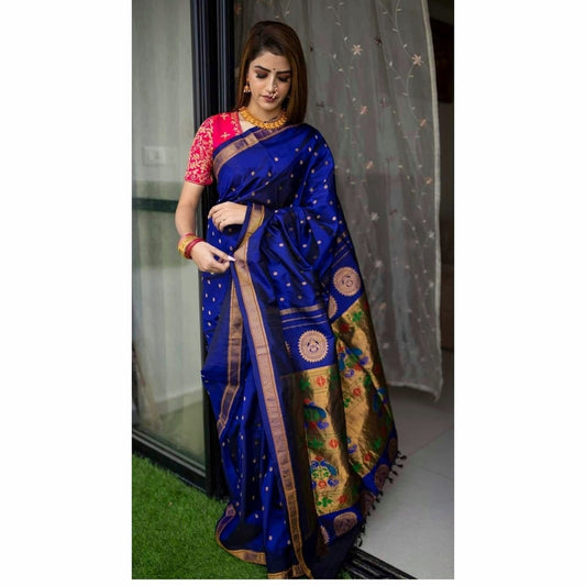 Royal Blue Banarasi Silk Saree with Golden Zari Weaving and Meenakari Pallu