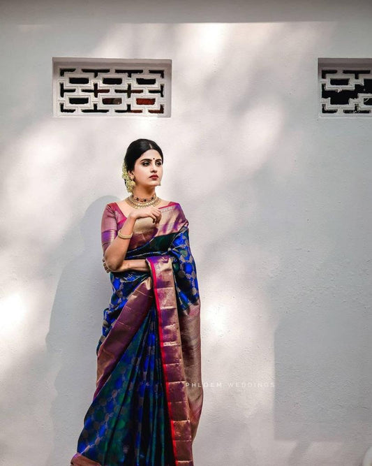Royal Blue & Maroon Kanchipuram Silk Saree with Gold Zari Floral Weaving and Contrast Border