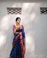 Royal Blue & Maroon Kanchipuram Silk Saree with Gold Zari Floral Weaving and Contrast Border