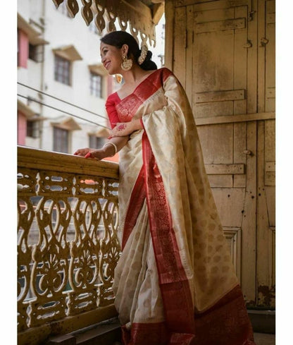 Ivory & Red Banarasi Silk Saree with Golden Zari Weaving and Rich Pallu