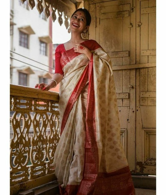 Ivory & Red Banarasi Silk Saree with Golden Zari Weaving and Rich Pallu