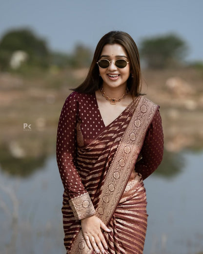 Wine Maroon Banarasi Stripe Saree with Antique Gold Zari Border