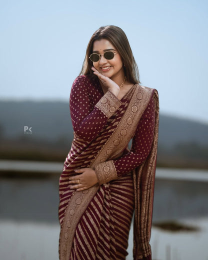Wine Maroon Banarasi Stripe Saree with Antique Gold Zari Border
