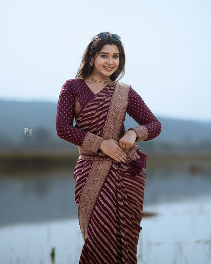 Wine Maroon Banarasi Stripe Saree with Antique Gold Zari Border