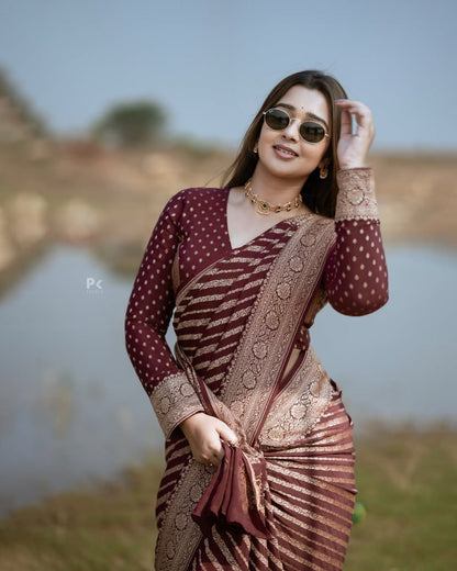 Wine Maroon Banarasi Stripe Saree with Antique Gold Zari Border