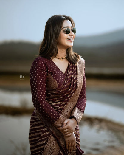 Wine Maroon Banarasi Stripe Saree with Antique Gold Zari Border