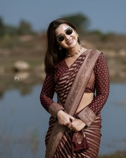 Wine Maroon Banarasi Stripe Saree with Antique Gold Zari Border