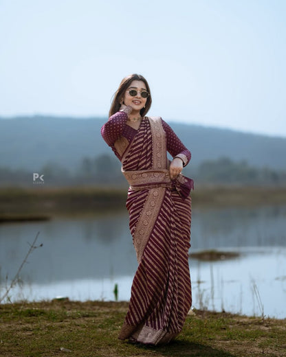 Wine Maroon Banarasi Stripe Saree with Antique Gold Zari Border