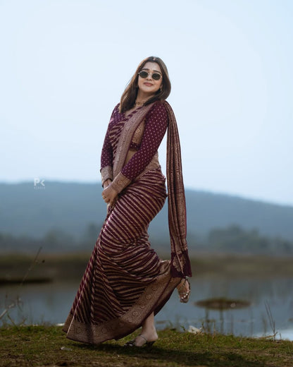 Wine Maroon Banarasi Stripe Saree with Antique Gold Zari Border