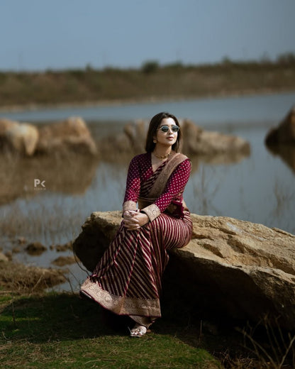 Wine Maroon Banarasi Stripe Saree with Antique Gold Zari Border